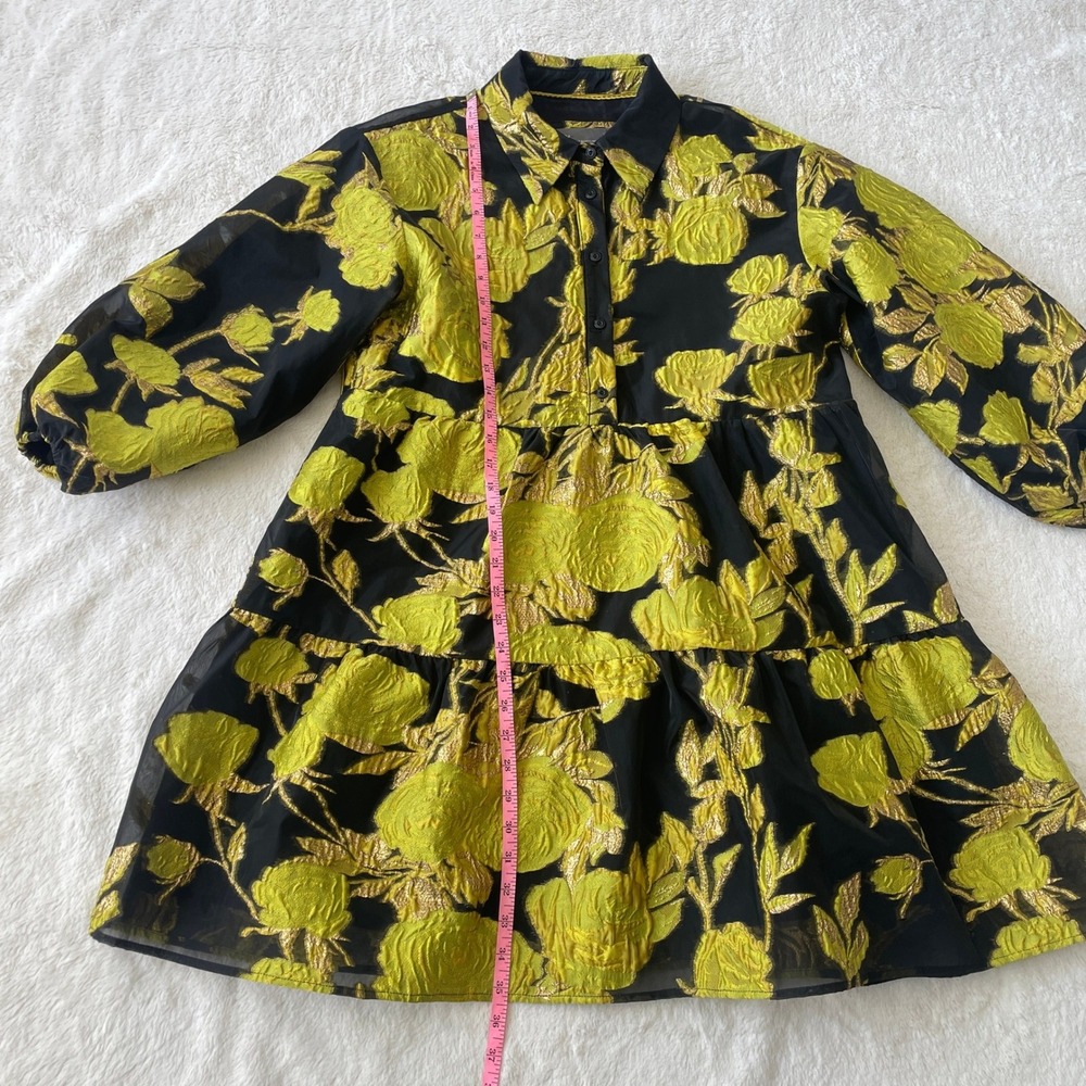 Anthropologie Bettina Jacquard Tiered Mini Shirt Dress Black Gold Floral Medium - Picture 5 of 12
